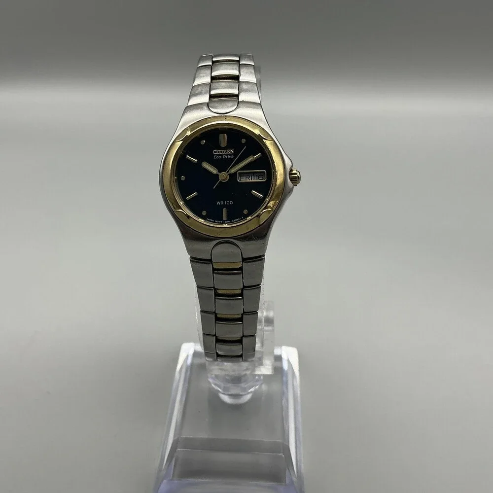 Citizen Eco-Drive WR 100 Womens Watch 25mm Black Dial Silver Gold Two Tone 6.75